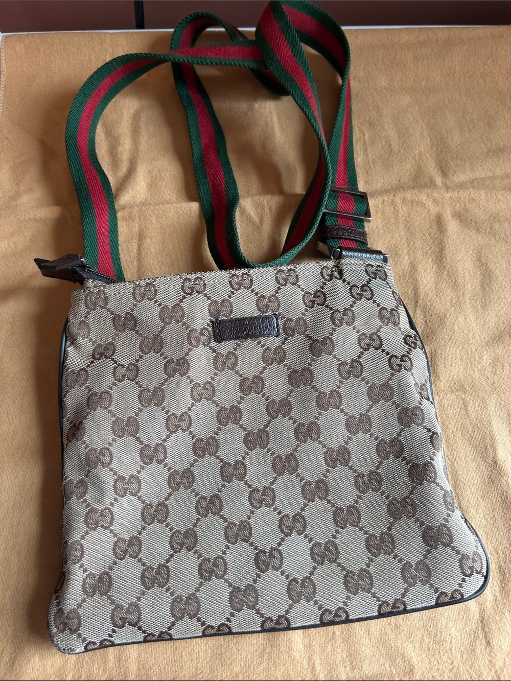 Small Gucci Beige/Brown GG Monogram Crossbody with Green and Red Web Strap
